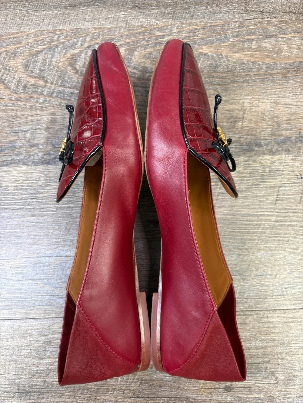 Tory Burch Red Leather Croc Embossed Bow Charm Loafers Flats Size 10M